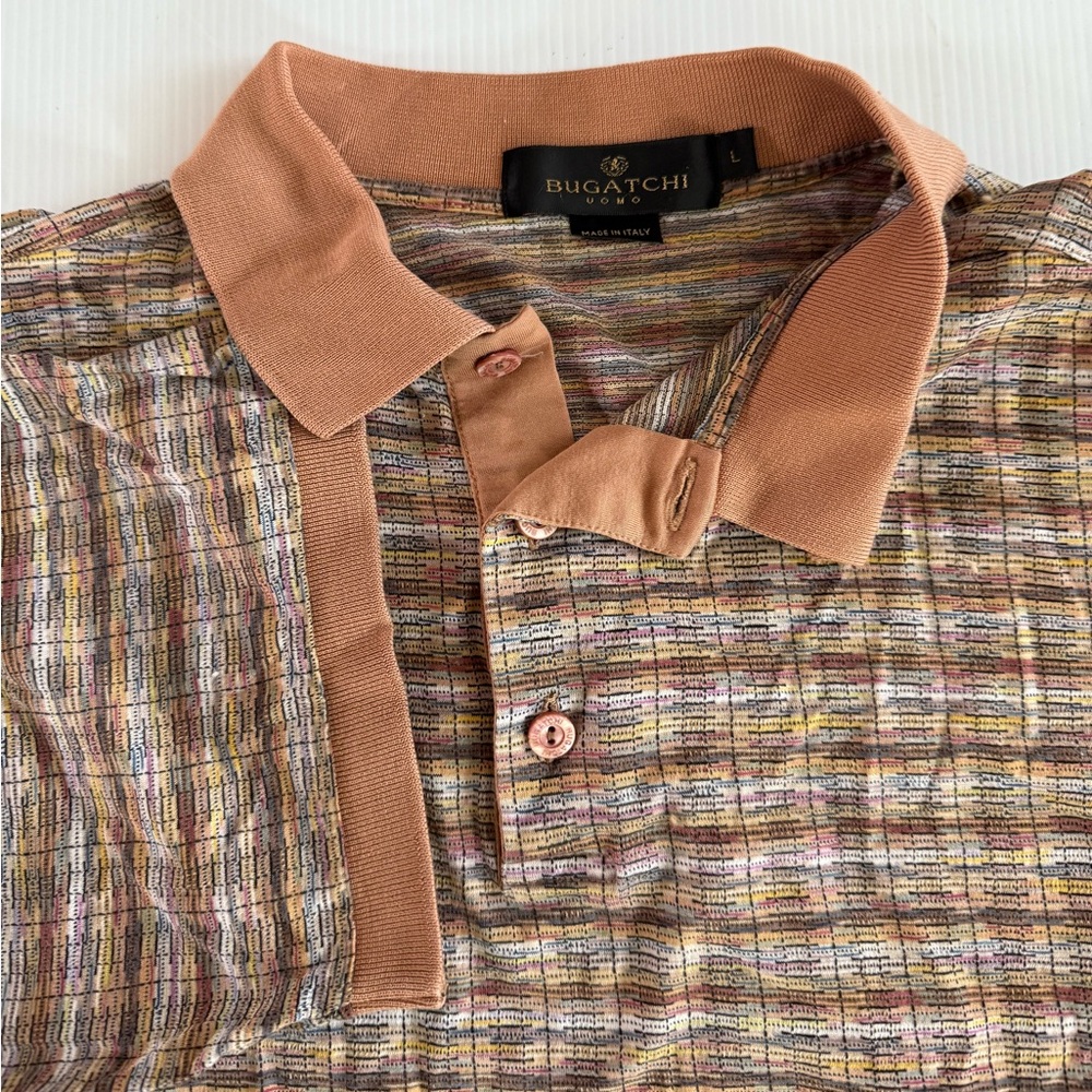 Bugatchi Uomo Shirt Men's Size Large Brown Polo Striped Cotton Made‎ In Italy